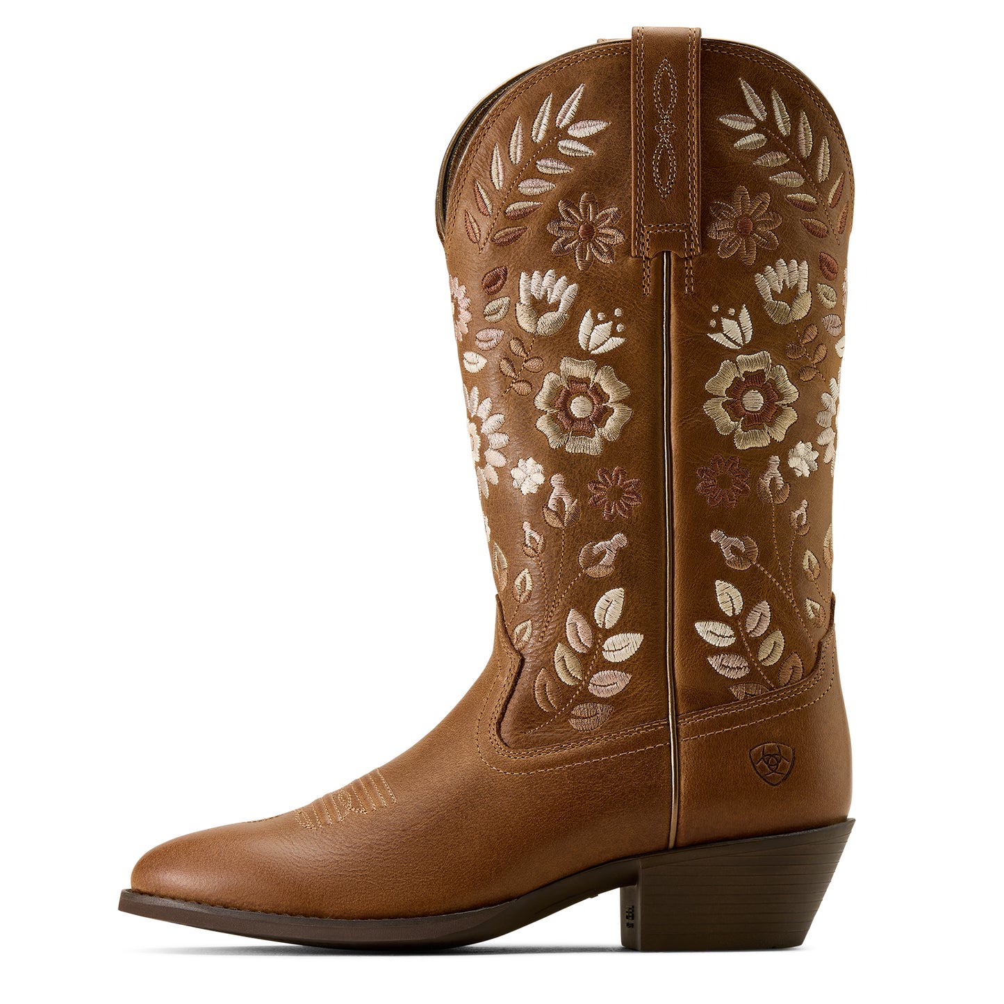 Brown Ariat cowboy boot with floral design on white background