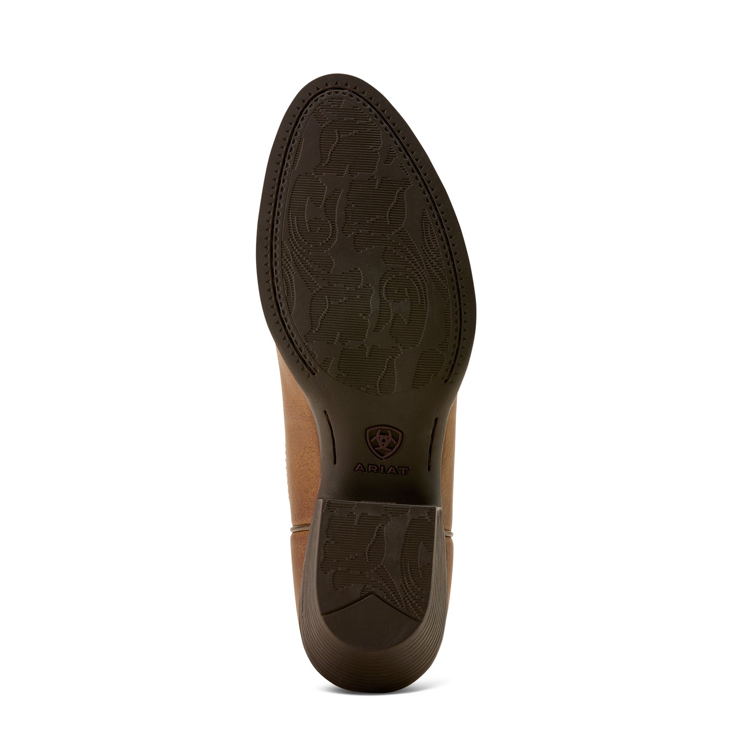 Black rubber bottom of Ariat boot on white background