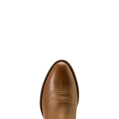 Brown leather ariat boot toe with embroidered design on a white background