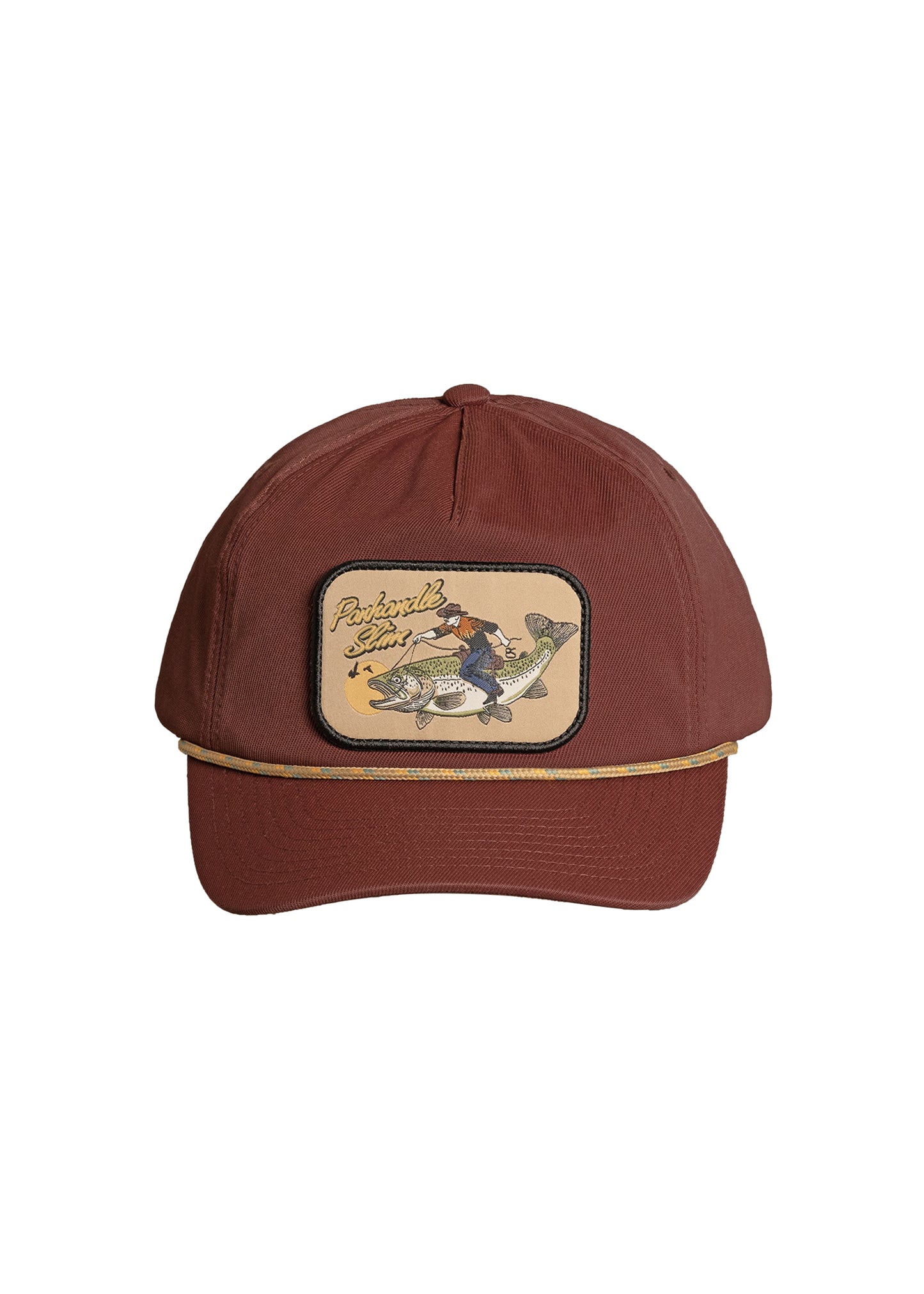 A maroon baseball cap featuring a rectangular embroidered patch on the front with a fisherman and the text Panhandle Slim.