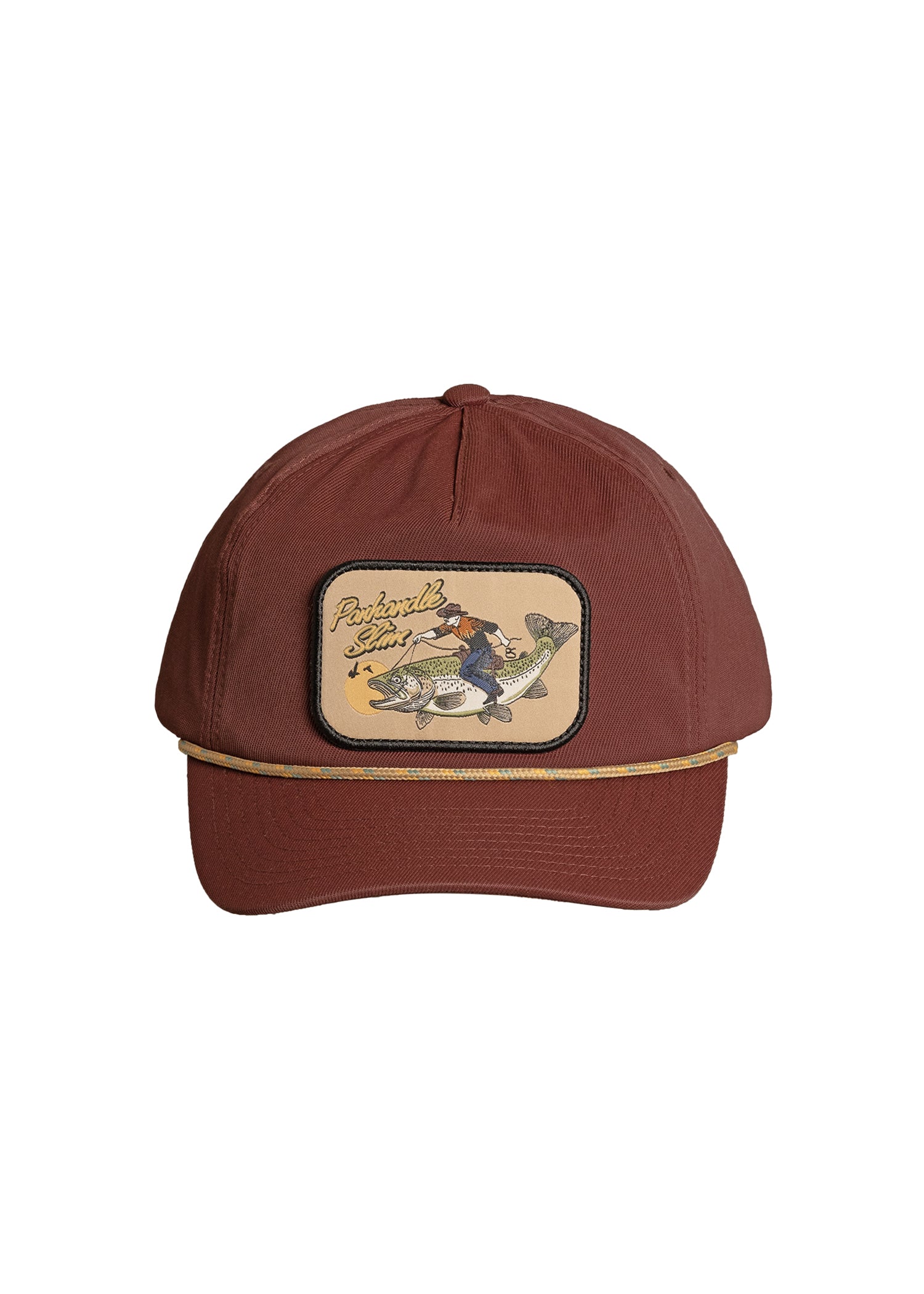 A maroon baseball cap featuring a rectangular embroidered patch on the front with a fisherman and the text Panhandle Slim.