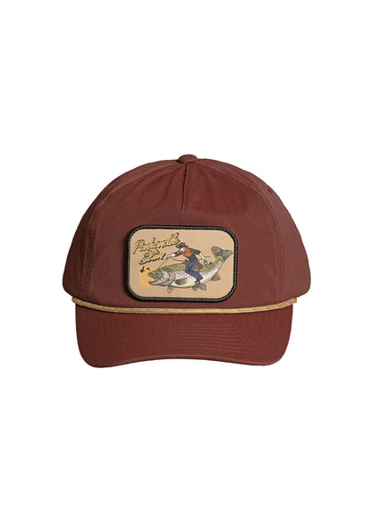 A maroon baseball cap featuring a rectangular embroidered patch on the front with a fisherman and the text Panhandle Slim.