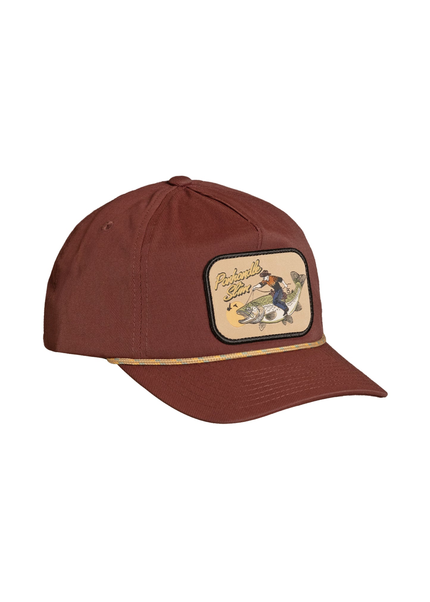 A maroon Panhandle Slim baseball cap with a curved brim, featuring a rectangular patch on the front 