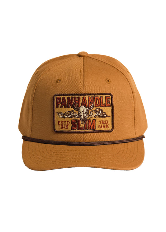 A mustard yellow snapback cap featuring a rectangular front patch with the text 'PANHANDLE SLIM' and a steer graphic, set against a plain white background.