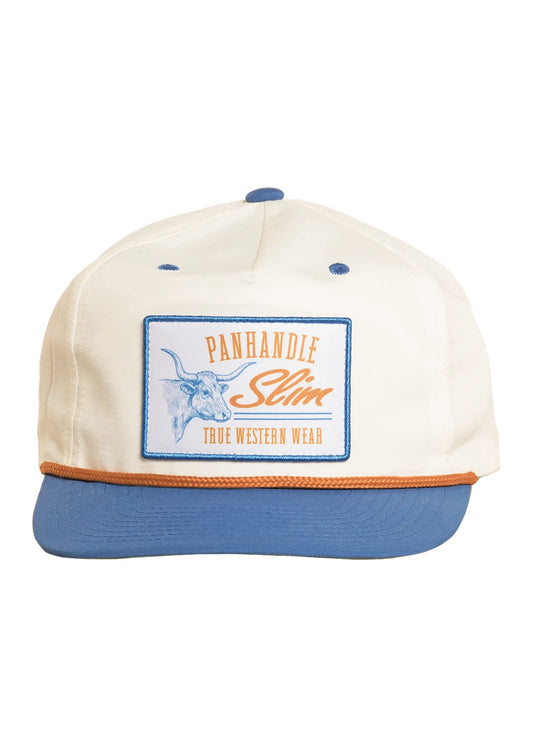 A cream-colored snapback cap with a blue visor and blue button, featuring a rectangular front patch that reads 'PANHANDLE Slim TRUE WESTERN WEAR' with a steer illustration. The cap is photographed against a solid white background.