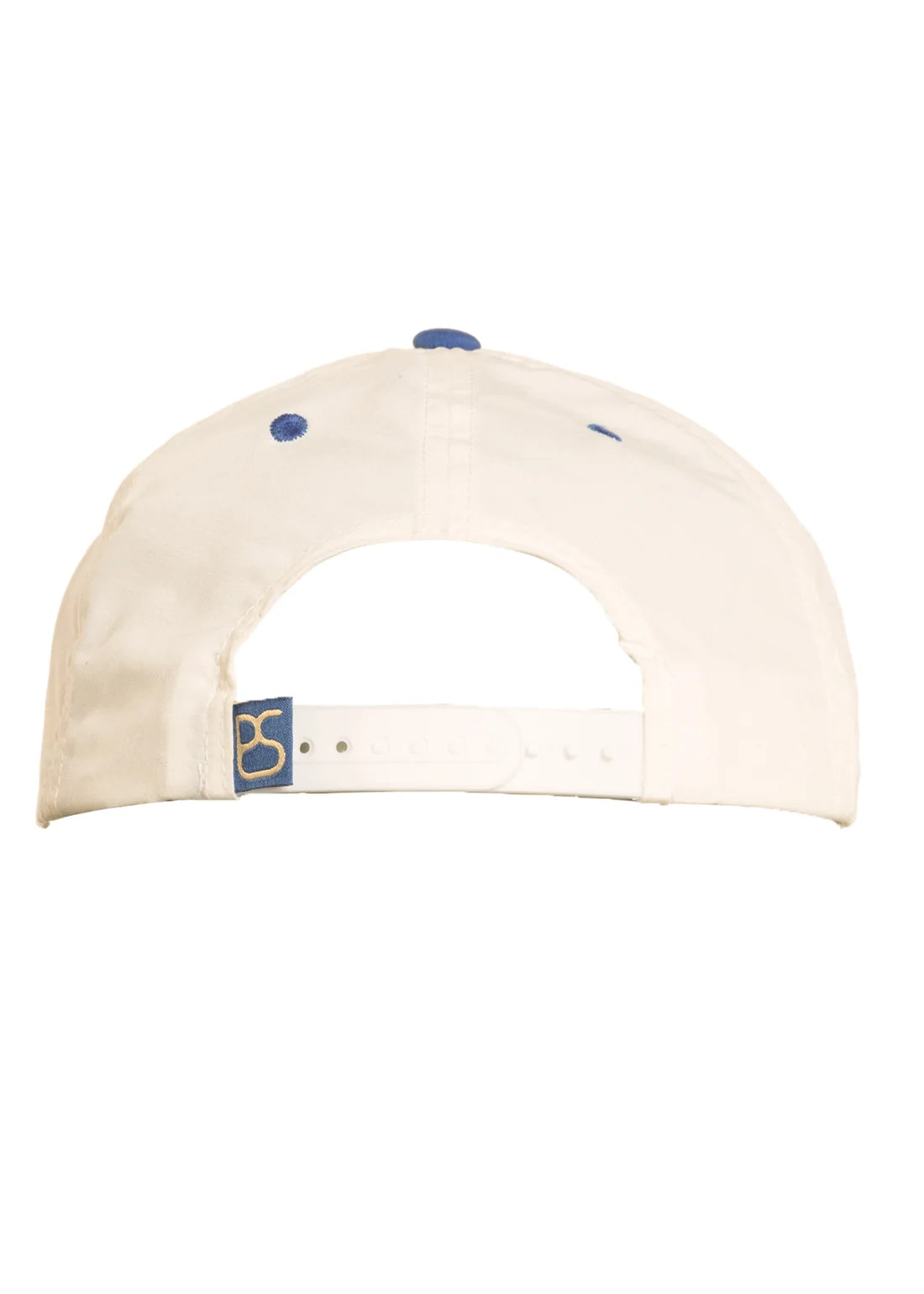 The back view of an off-white Panhandle Slim baseball cap with blue button details and a blue brand patch on the strap.