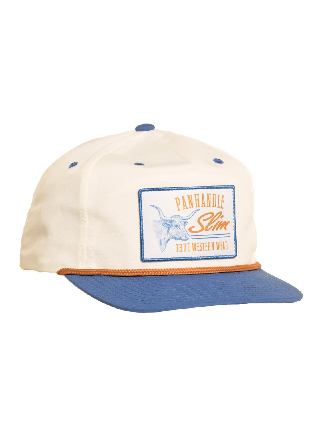 A cream-colored snapback cap with a blue visor and blue button, featuring a rectangular front patch that reads 'PANHANDLE Slim TRUE WESTERN WEAR' with a steer illustration. The cap is photographed against a solid white background.