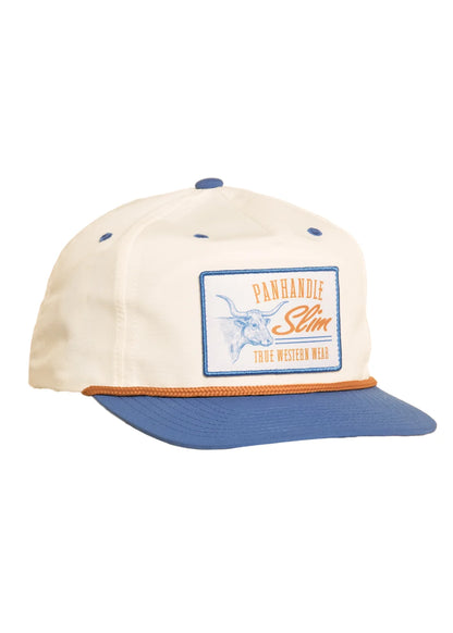 A cream-colored snapback cap with a blue visor and blue button, featuring a rectangular front patch that reads 'PANHANDLE Slim TRUE WESTERN WEAR' with a steer illustration. The cap is photographed against a solid white background.