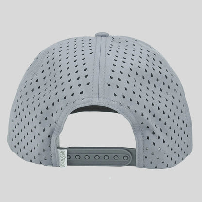 The back view of a light gray baseball cap from Kerusso featuring a perforated fabric crown and an adjustable gray snapback closure.