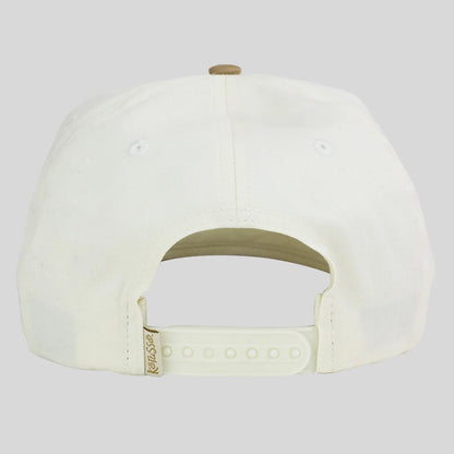 Back view of a white baseball cap from Kerusso with an adjustable snapback strap and a small gold brand tag, shown on a light gray background.