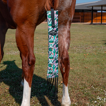 horse with Professional's Choice green and white tail bag on