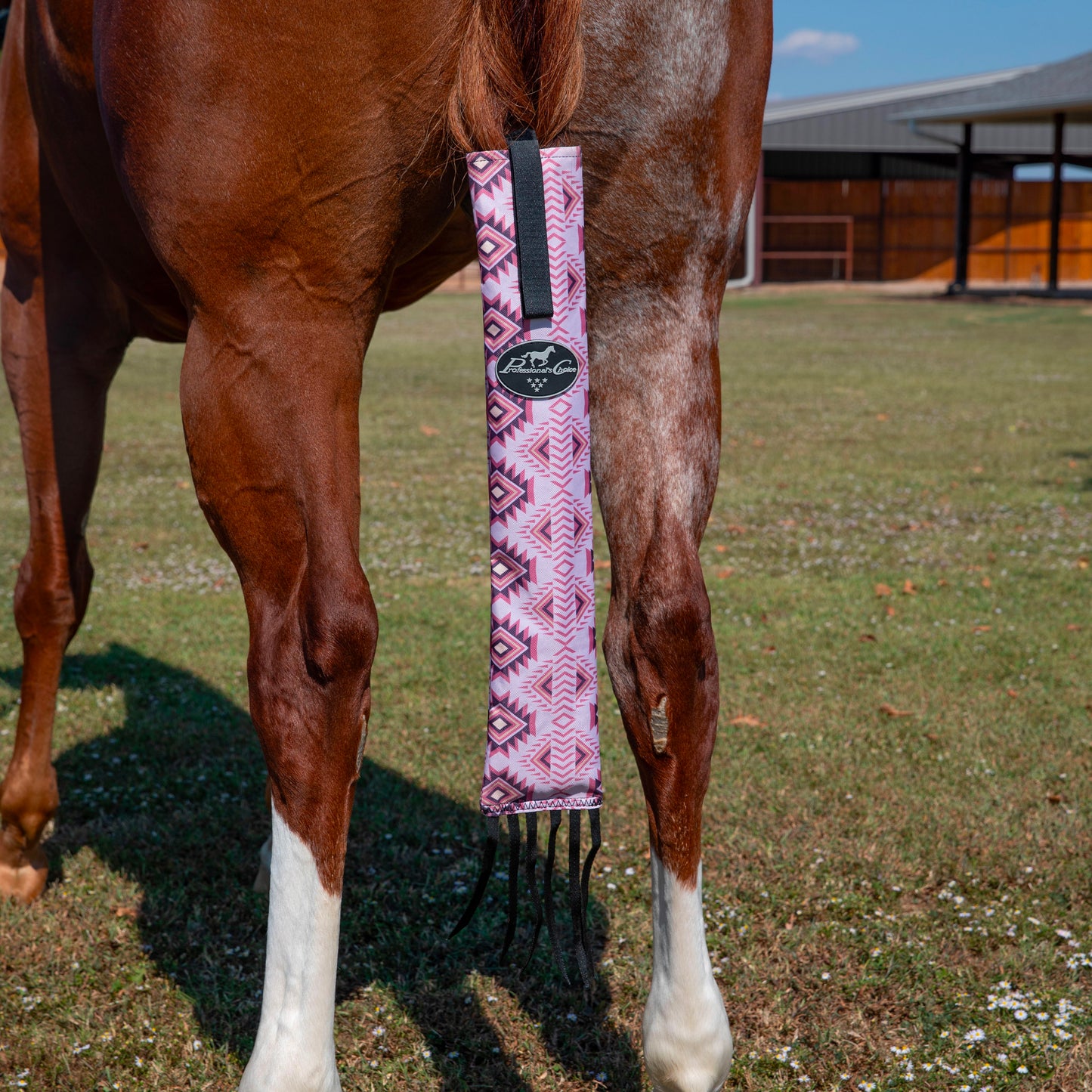 horse with pink Professional's Choice tail bag on
