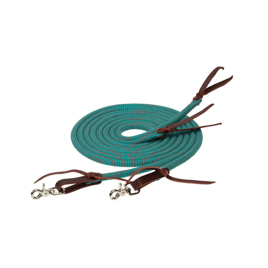 teal coiled bamboo split reins with trigger snaps on ends with a white background