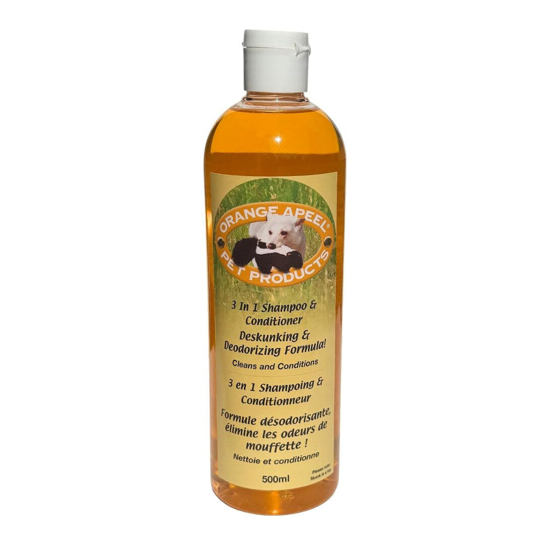 Bottle of Orange Apeel Pet Products 3-in-1 Shampoo & Conditioner on a white background