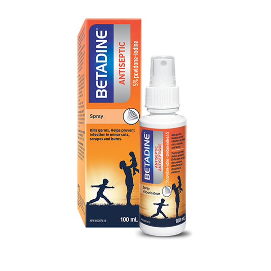 Packaging of Betadine Antiseptic Spray, showing the box and the spray bottle with branding and product information.
