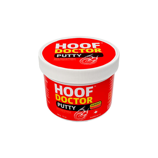 a red container of hoof doctor putty on a white background