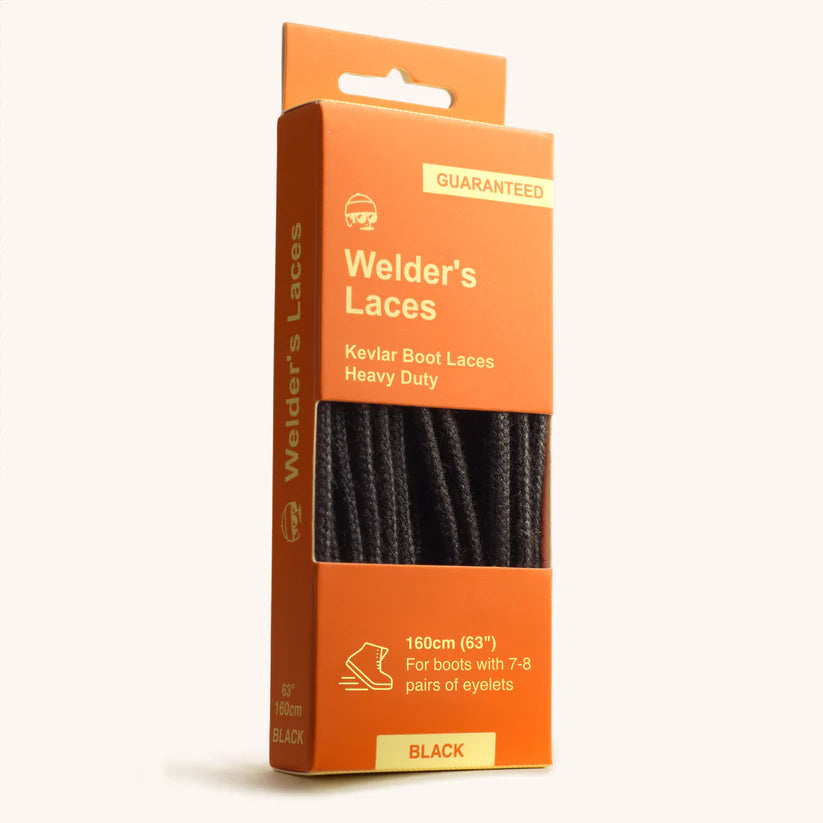 Orange packaging of Adventure Andy Welder's Laces with black laces on a white background