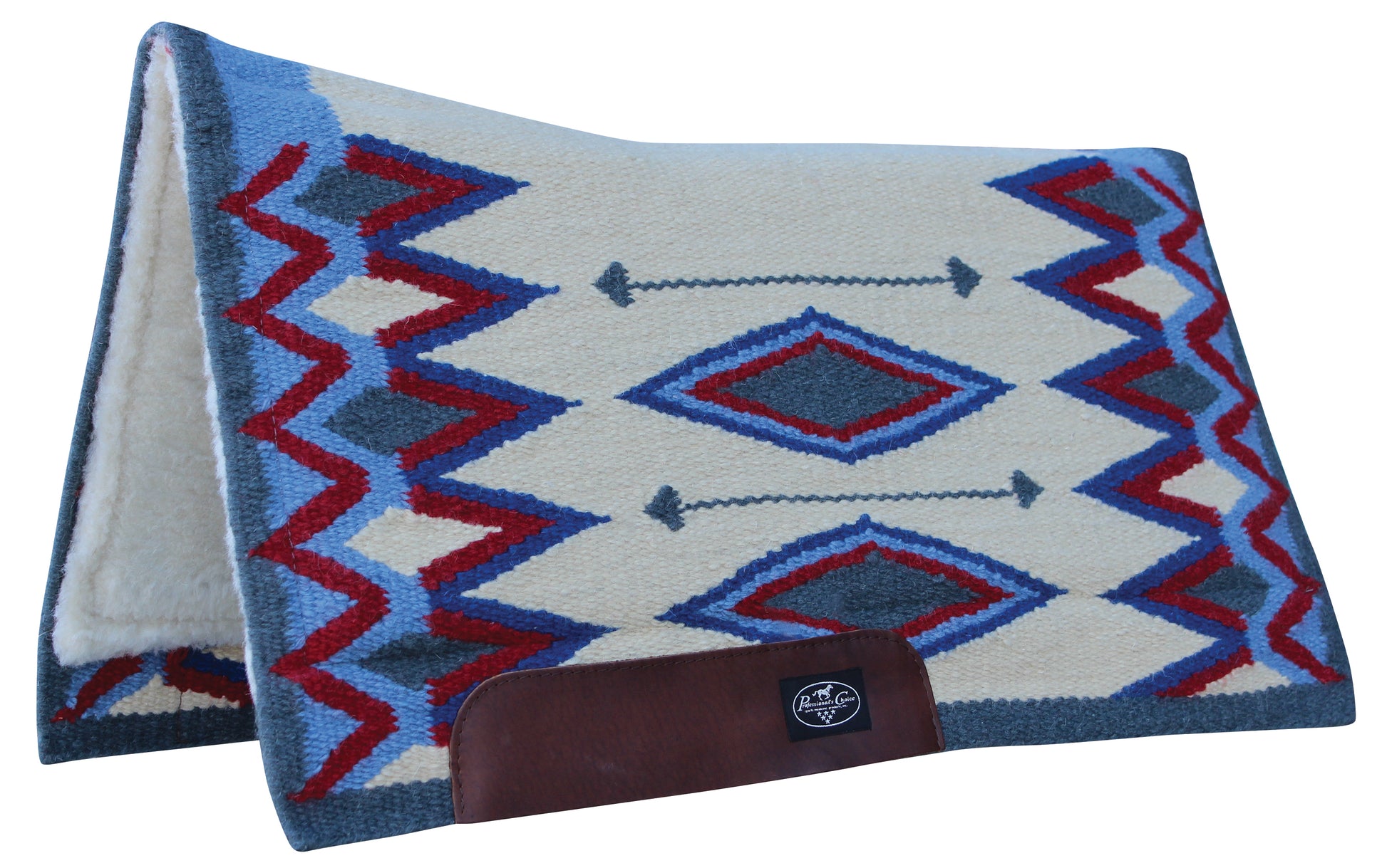 Professional's Choice Equestrian saddle pad with blue, red, and gray geometric pattern on a white background