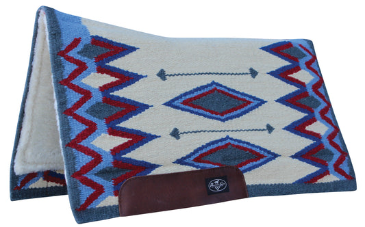 Professional's Choice Equestrian saddle pad with blue, red, and gray geometric pattern on a white background