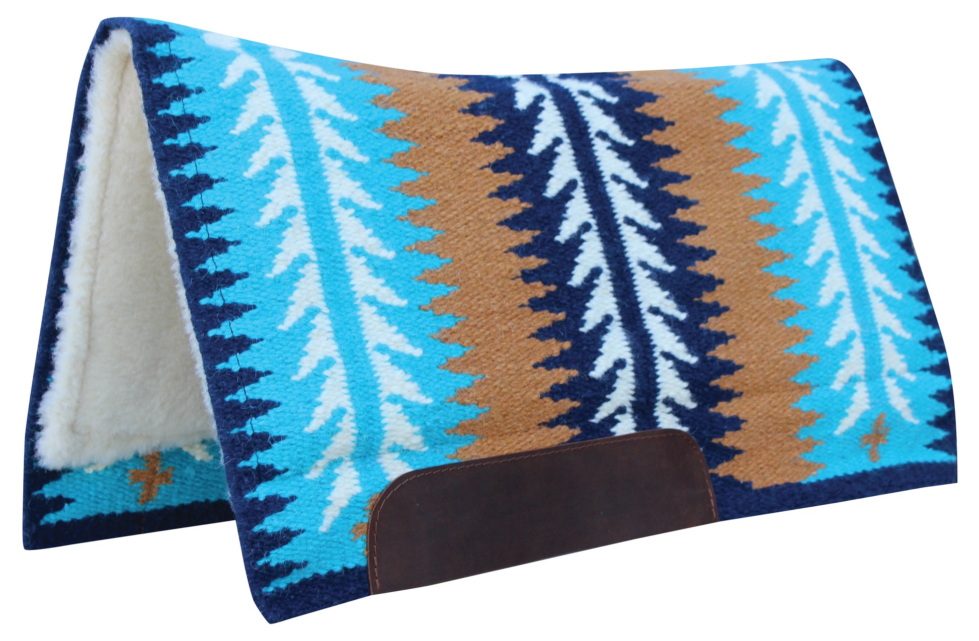 A western-style saddle pad with a Southwestern pattern featuring vertical stripes of turquoise, white, navy, and brown, with a white sherpa lining and a dark brown leather pad loop.