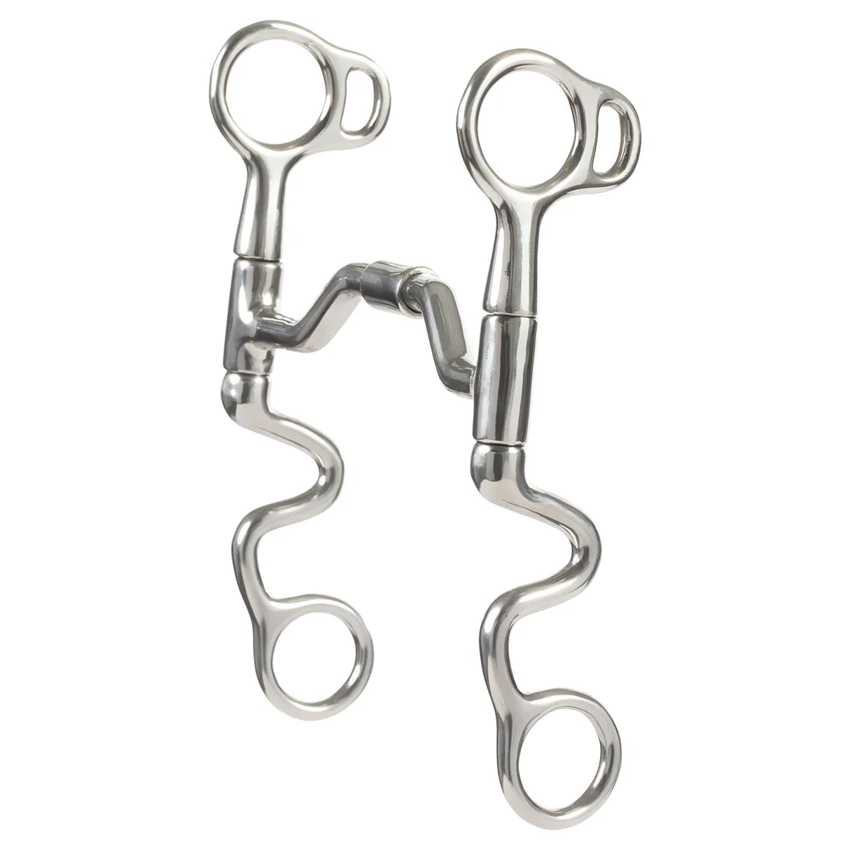 Metal horse bridle bit with a swivel mouth and cavalry shanks on a white background 