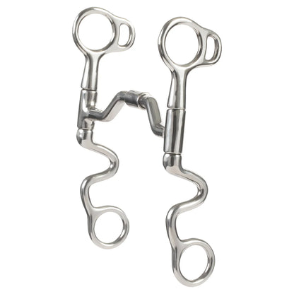 Metal horse bridle bit with a swivel mouth and cavalry shanks on a white background 