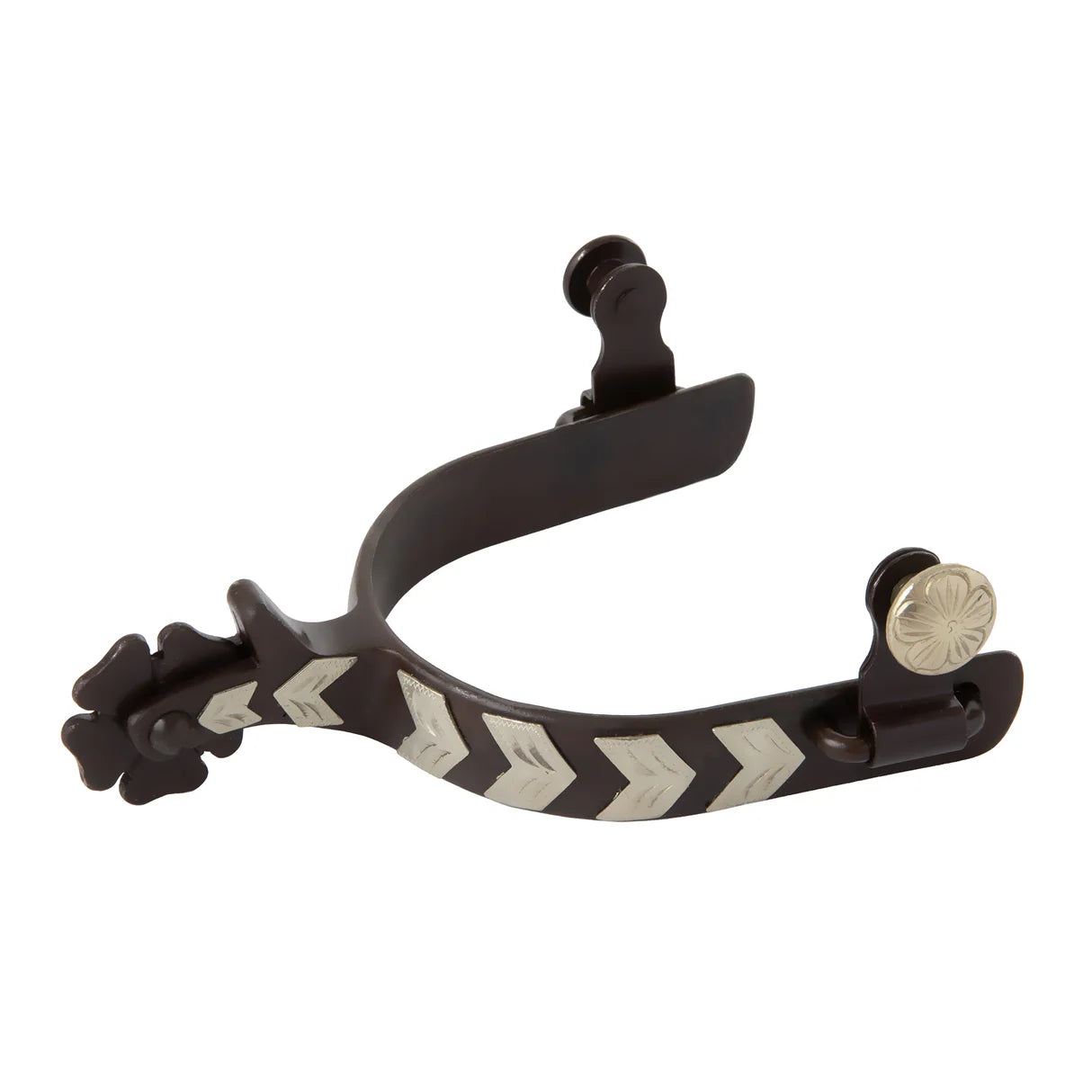 Brown and german silver horse riding spurs on a white background