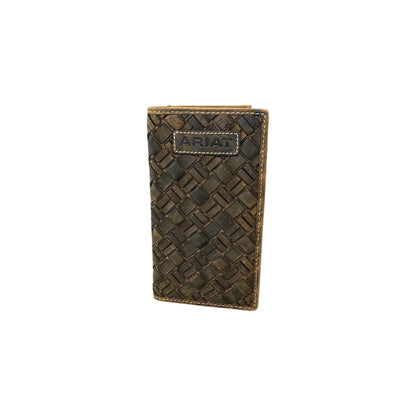 Brown leather wallet with woven pattern and Ariat logo on a white background