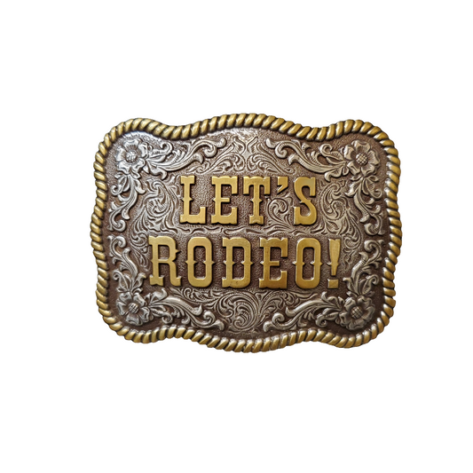 Belt buckle with 'Let's Rodeo!' text on a white background