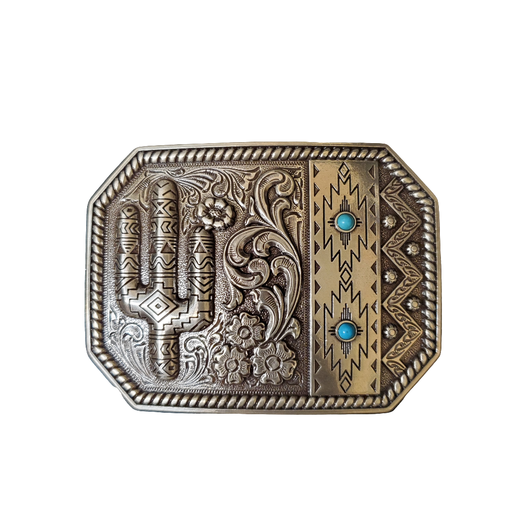 Decorative belt buckle with cactus design and turquoise stones on a white background