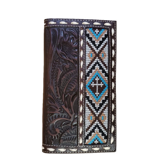 A men's rodeo wallet made of genuine top grain leather, featuring floral tooled and embroidered detail, with a slim fit design.