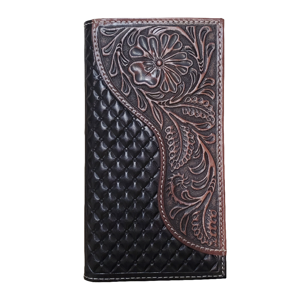 Black leather wallet with intricate brown floral embossing on a white background