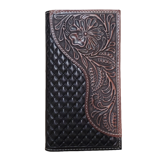 Black leather wallet with intricate brown floral embossing on a white background