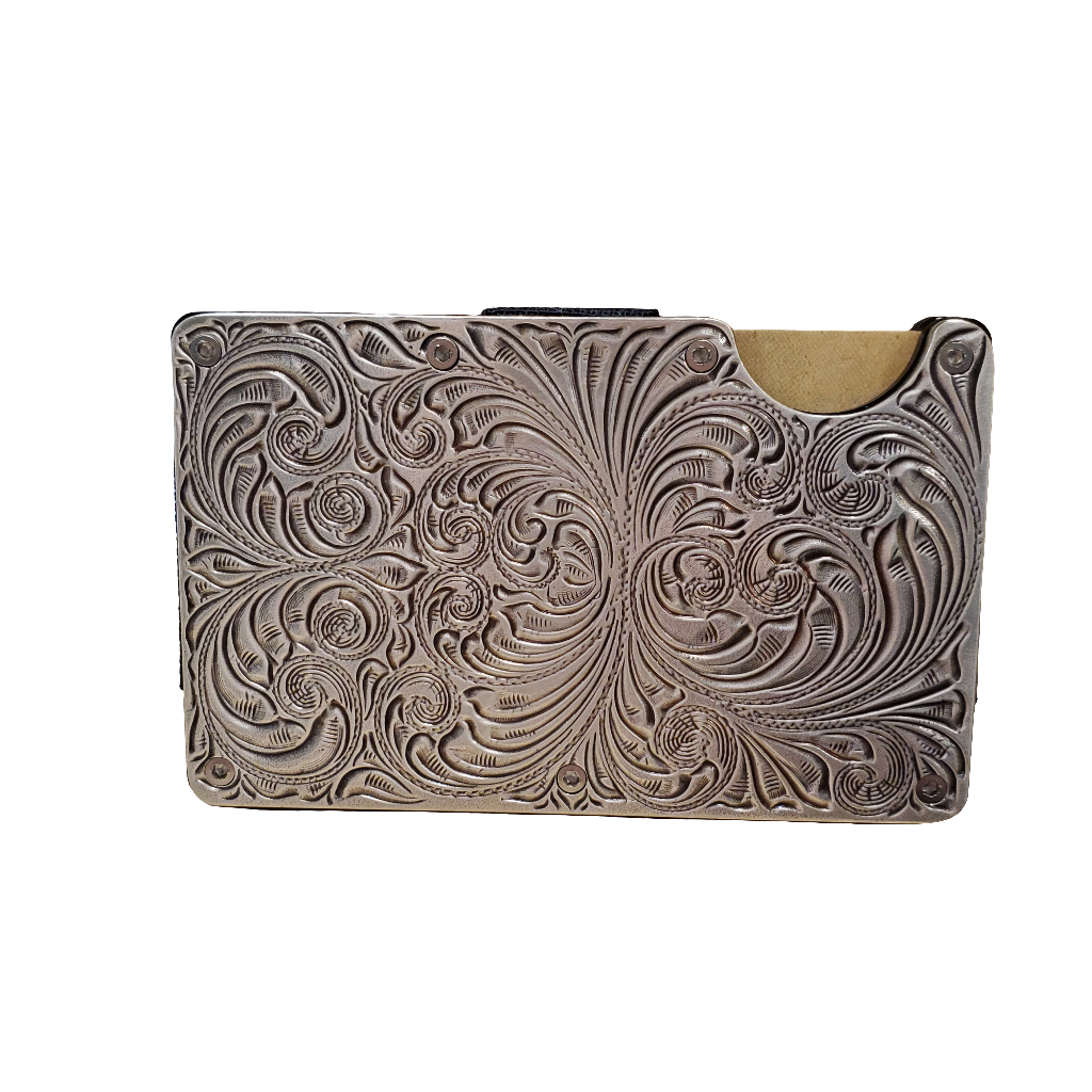 A western utility wallet with antique scrolling engraving detail.