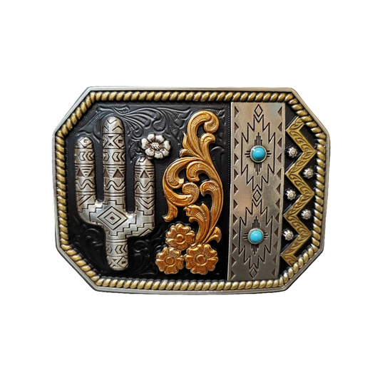 Decorative belt buckle with cactus, flowers, and turquoise stones on a white background
