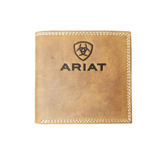 Brown leather wallet with Ariat logo on a white background