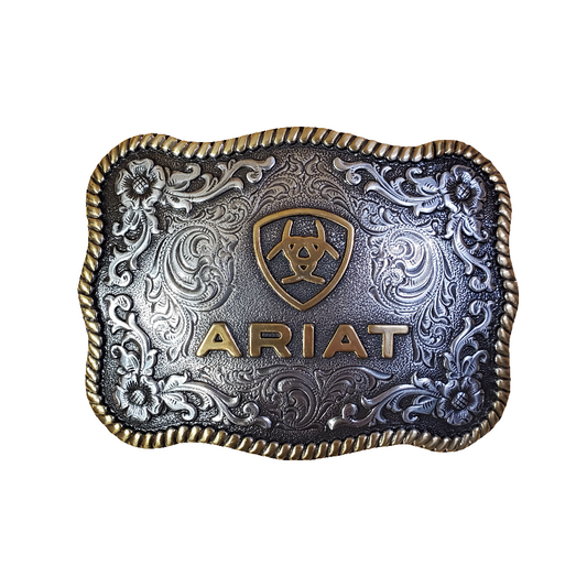a gold and silver belt buckle with the ariat logo and rope edge