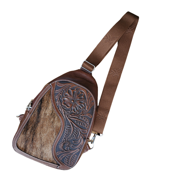 Brown Floral Hair-On Sling Bag by 3D®