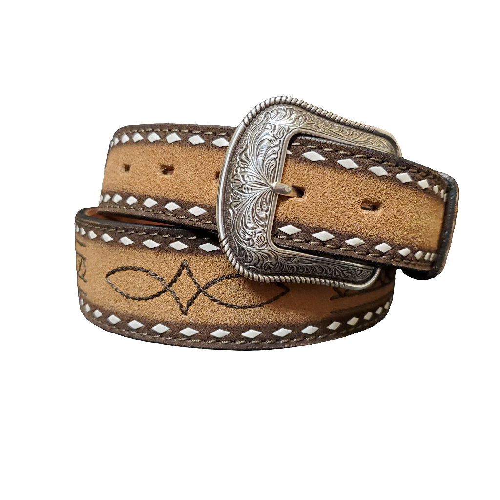 Brown leather belt with silver buckle on a white background