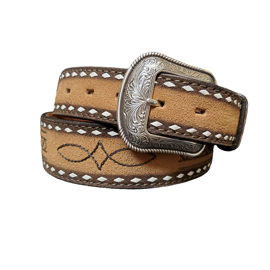Brown leather belt with silver buckle on a white background