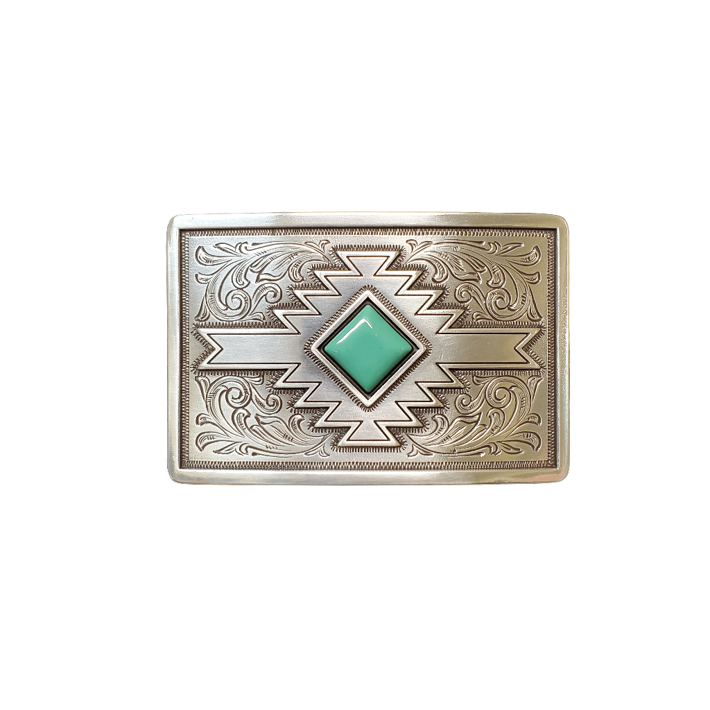 a rectangle belt buckle with a straight edge and chevron detail with a turquoise stone