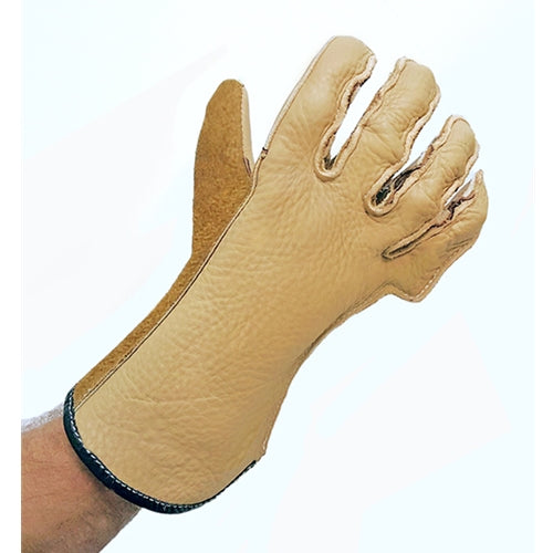 Beige leather glove on a white background used for bronc riding