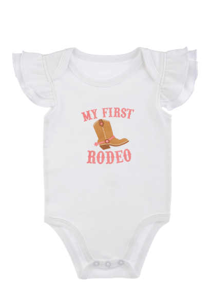 White Ganz baby onesie with 'My First Rodeo' and a cowboy boot graphic on a white background