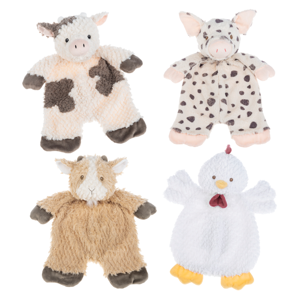 Four Ganz plush toys of a cow, pig, goat, and chicken on a white background