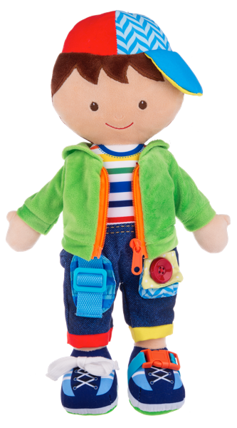 Colorful Ganz toy doll with a green jacket and blue shoes on a white background