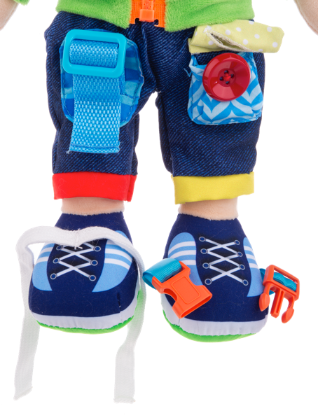 Colorful Ganz toy shoes with attached accessories on a stuffed doll on a white background