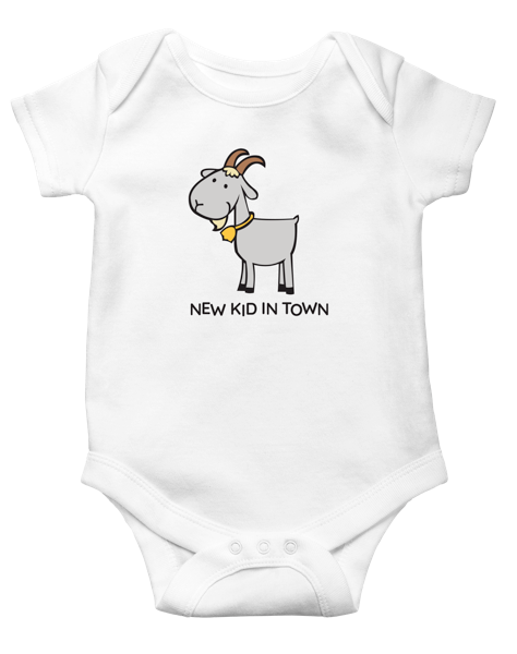 White Ganz baby onesie with a cartoon goat and 'New Kid in Town' text on a white background