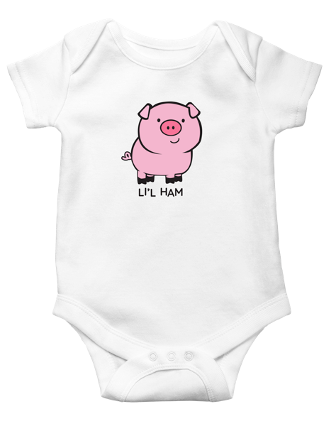 White Ganz baby onesie with a pink pig graphic and 'Li'l Ham' text on a white background