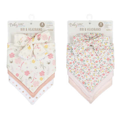 Two packaged sets of Baby Ganz bibs and headbands displayed side by side on a white background. Each set includes a floral bib with a bow, a small floral headband, and two smaller striped and polka-dot bands underneath, all on white hanger cards.