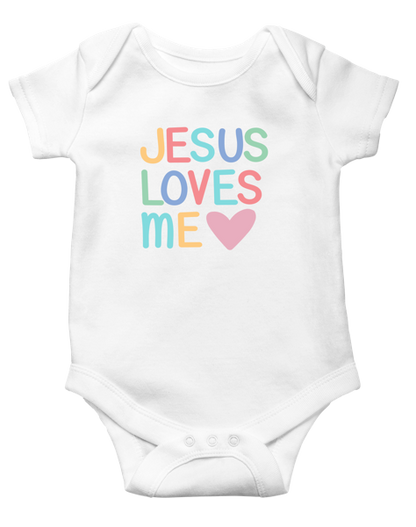White Ganz baby onesie with 'Jesus Loves Me' text in colorful letters on a white background